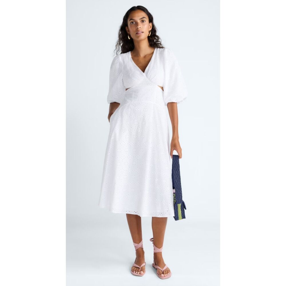 Scoop Women’s 12 White Eyelet Midi Dress Puff Sleeve V-Neck Back Zip NWOT